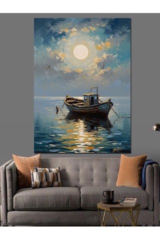 Ahşap Tablo Gece Denizde Yalnız Tekne Çocuk Odası Tabloları