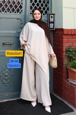 Balenbi Kadın Linda Kumaş Asimetrik Tunik Bol Paça Pantolon Oversize Tesettür Takım 1231 Taş