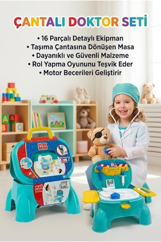 Taşınabilir Çantalı Tabure Olabilen 16 Parçalı Eğitici Çeşitli Doktor Aletli Oyuncak Seti