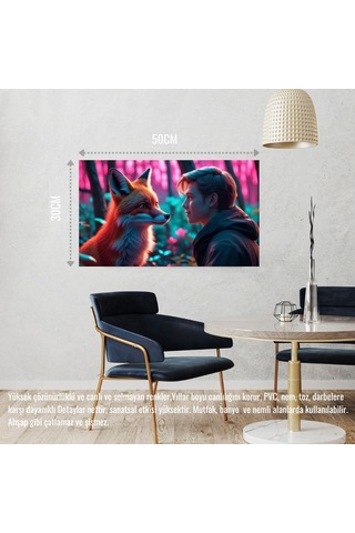 Tilki Neon Ormanda Bir İnsanla Etkileşim Mistik 02 Çerçevesiz 50x30 Cm Pvc Tablo