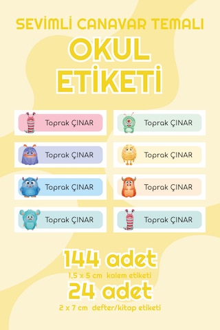 Sevimli Canavarlar Temalı Isimli Okul Etiketi Sticker Seti
