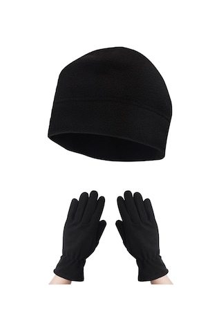 Kadın Kışlık Siyah Termal Polar Eldiven - Polar Bere 2'li Set Siyah