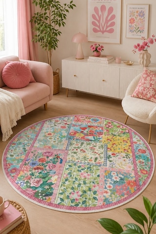Peace Dijital Kaymaz Yıkanabilir Renkli Yuvarlak Salon Halısı Çocuk Halısı 140 X 140 Cm Çok Renkli