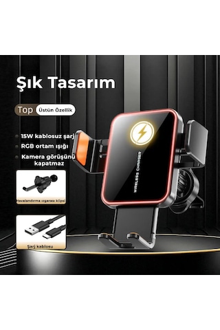 Sd15 15w Hızlı Kablosuz Şarjlı Araç Telefon Tutucu - Rgb Işıklı, Havalandırma Uyumlu, Sarsıntı Önleyici Otomatik Kavramalı