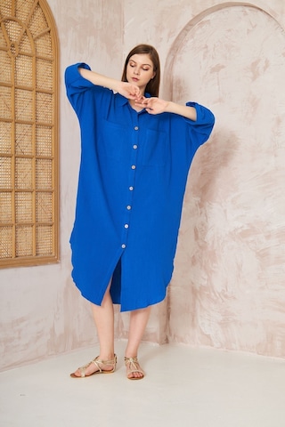 Yıldızistan Kadın Saks Müslin Extra Geniş Oversize Yarasa Kol Cepli Uzun Kollu Yazlık Gömlek Elbise 3440495 Saks Mavi