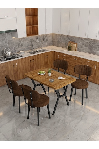 Azra 70x110cm Atlantik Mutfak Masası, Mutfak Masası Takımı, Yemek Masası, 4 Kahverengi Sandalye Kahverengi