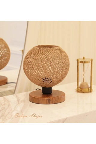Ahşap Tabanlı Örgü Başlık Abajur Handmade Bohem Bej