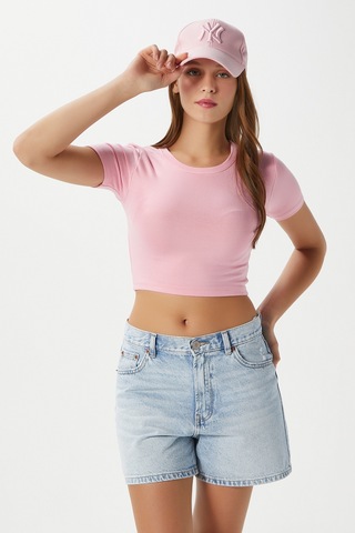 Ritnice Kadın Deal Lux Touch Yumuşak Doku Crop Pembe Bluz