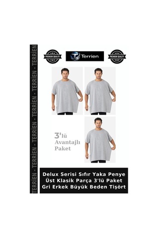 Terrien Delux Serisi Sıfır Yaka Penye Üst Klasik Parça 3'lü Paket Gri Erkek Büyük Beden Tişört Gri-3