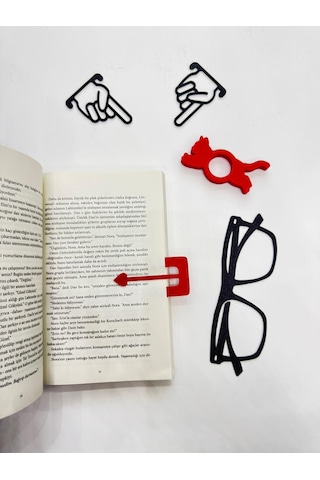 Kedili Sayfa Tutucu Ve Kitap Ayracı 5'li Set Kedili Gözlüklü El İşaretli Aksesuar