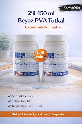 2 Li Beyaz Pva Tutkal 450 Ml Ekonomik İkili Set, Çok Amaçlı Yapıştırıcı