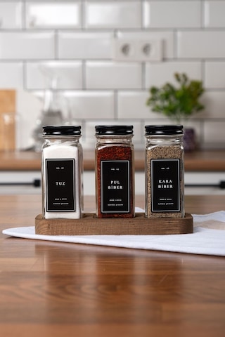 Mienda Home 3'lü Ahşap Standlı Cam Baharatlık Seti Siyah Kapaklı Etiketli Baharatlık Mh01syh03 Siyah - Şeffaf