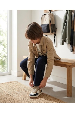 Mutlu Bebe %100 Pamuk Bayramlık Erkek Çocuk Kombin Bej Ceket, Baskılı Sweatshirt Ve Kot Pantolon 3 Lü Takım Bej