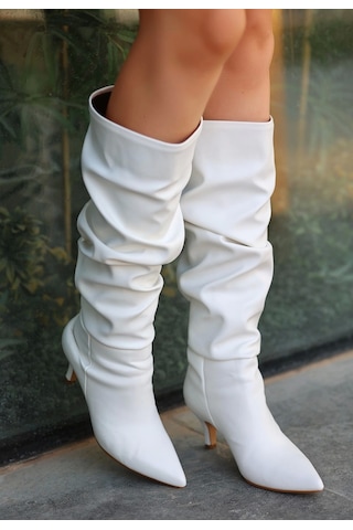 Zelya Beyaz Cilt Topuklu Çizme Beyaz