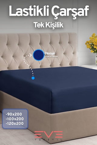 Eve Tekstil Fitted Yüksek Kaliteli Penye Kumaş Tek Kişilik Lastikli Çarşaf Lacivert