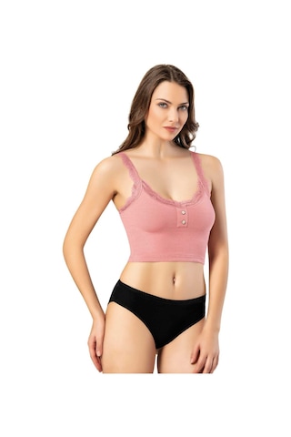 Lucien Vela Dantelli Askılı Fitilli Ribana Pamuklu Düğmeli Body / Bluz / Atlet Su Yeşili & Gül Kurusu Pembe