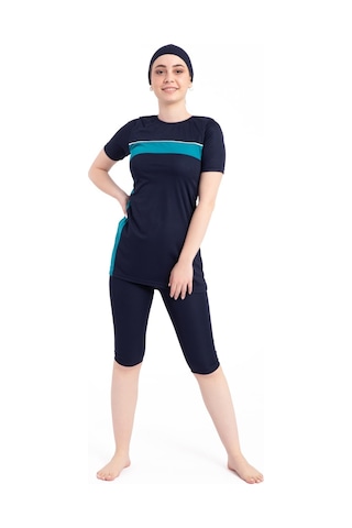 Kadın 667 Şeritli Kısa Kol Taytlı Tesettür Mayo Lacivert-yeşil Yeşil