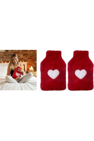 2 Adet Sıcak Su Torbası Peluş Kalpli,kırmızı Termofor 27x17x2cm 1 Litre Kırmızı