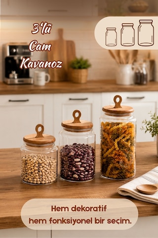Porsima 4468 Handmade Vakum Kapaklı 3lü Cam Kavanoz Seti Vakum Kapaklı Saklama Düzenleme Kabı Seti Şeffaf