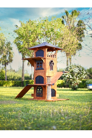 Mandu Ahşap 4 Katlı Teraslı Kedi Evi Tırmalama + Mama Kaplı