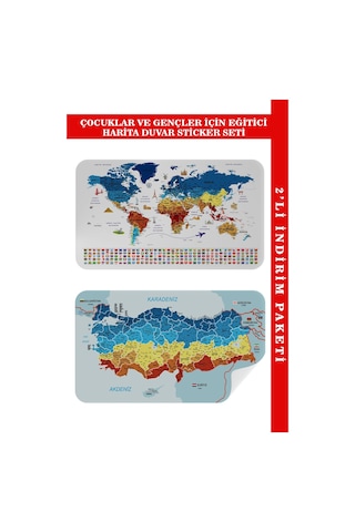 Eğitici - Öğretici Dünya Ve Türkiye Haritası Çocuk Odası Duvar Sticker-85x130-3891 Çok Renkli