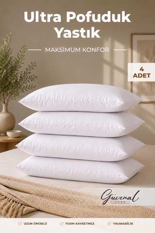 Fluffy 4'lü Silikon Elyaf Dolgulu Yastık Set 800 Gr Ultra Yumuşak Dolgun 50x70 Cm - 4 Adet Yastık Beyaz