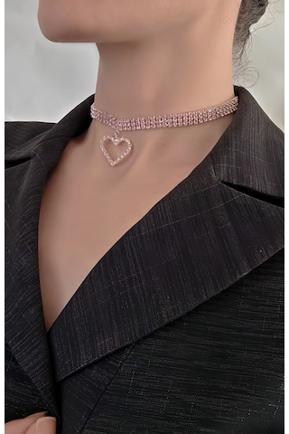 Üç Sıralı Kalp Figürlü Kristal Taşlı Choker Tasma Pembe Renk Kolye Pembe