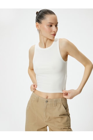 Koton Basic Crop Atlet Bisiklet Yaka Pamuklu Ribanalı Ekru 4sal30089ık 4SAL30089IK010