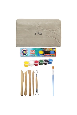 Beyaz Seramik Hamuru 2 Kg Kil Ebeşuar Seti 6x15 Ml Guaj Boya Seti
