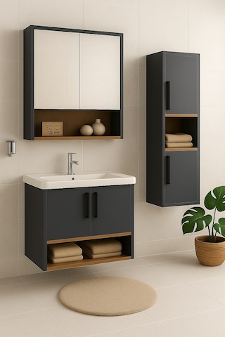 Dmz Home Concept Legna 80 Cm Antrasit-ahşap Renkli, Tamamı MDF, Seramik Lavabolu, Alt - Üst Ve Boy Dolaplı Tamamı Mdf, Banyo Dolabı Seti