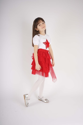 Miniko Kids 23 Nisan 29 Ekim Konsept Yıldız Detaylı Tül Detaylı Kat Kat Tütü Etekli Takım Kırmızı