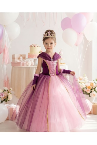 Butik Happy Kids Butikhappykids Kız Çocuk Kostüm Rapunzel Mor Düşük Omuz Detaylı Kasnaklı Kabarık Prenses Elbise 3-8 Yaş Taç Ve Eldiven Hediyeli Mor