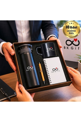 Logonuza Özel 10 Adet Ahşap Kutulu Siyah Kurumsal Hediye Seti Cam Suluk, Seramik Fincan, Defter Ve Kalemli Promosyon Seti