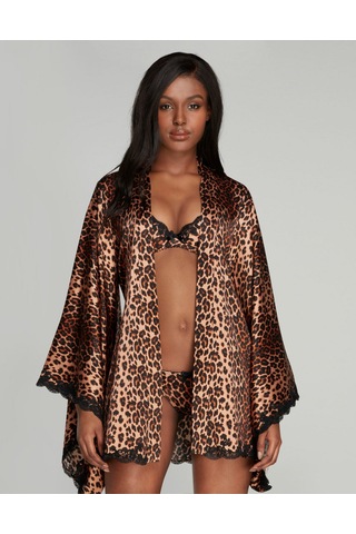 Agent Provocateur Molly Kimono Leo Siyah Desenli Ipek Saten, Fransız Dantel Detaylı Zamansız Klasik Leopar