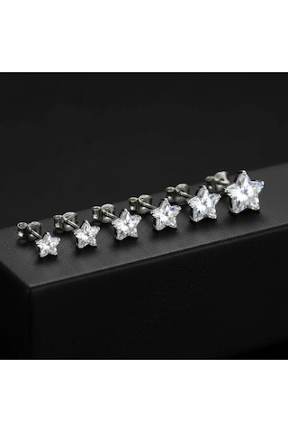 Tektaş Küpe Yıldız Model Tektaş Üçlü Set Küpe Kararmaz Çelik Silver