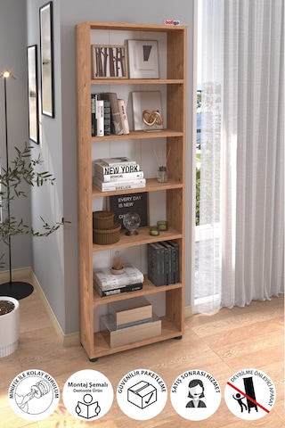 Bofigo 6 Raflı Kitaplık Dekoratif Kitaplık Modern Kitaplık Poyraz Çam