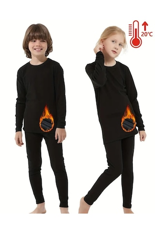 Kız Erkek Çocuk Pamuklu Kışlık Termal İçlik Tayt Uzun Kollu Alt Üst Takım 2 Adet Siyah