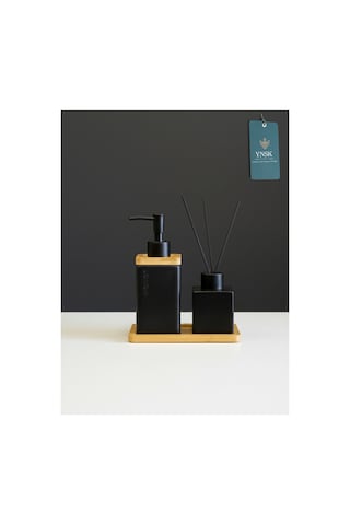 Chacha Home Luxury Lotion Lüks Banyo Seti, Seramik Sıvı Sabunluk, Seramik Oda Kokusu Şişesi, Bambu Tepsi Mat Siyah