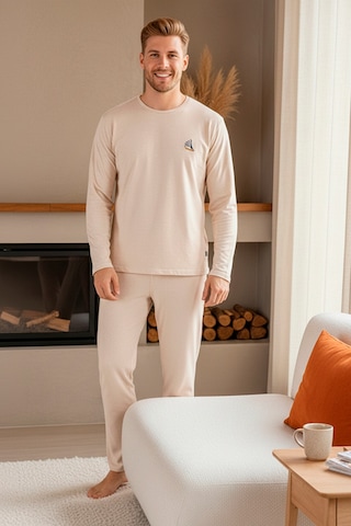 Rindahomewear Bej Uzun Kollu Nakışlı Örme Erkek Pijama Takımı Bej
