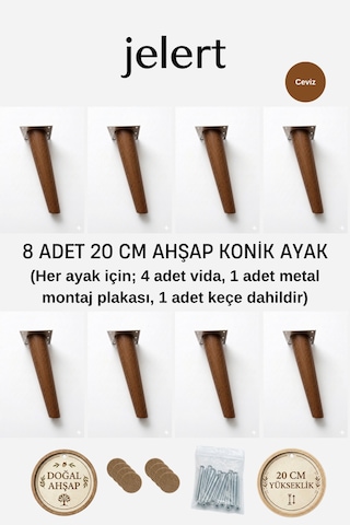 Konik Masif Gürgen Mobilya Ayağı 20 Cm Metal Montaj Aparatlı, Robot Süpürge Uyumlu Koltuk Kanepe Tv Ünitesi Baza Yükseltme Ayağı Ceviz , 8'li Kahverengi