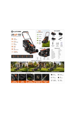 Lutian Lm46p-150 Benzinli Çim Biçme Makinesi 46 Cm 149cc İtmeli 5in1 Çim Kesme