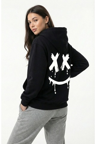 Nevermind Unisex Smile Baskılı Sevgili Kombini Oversize Hoodie Seti Siyah