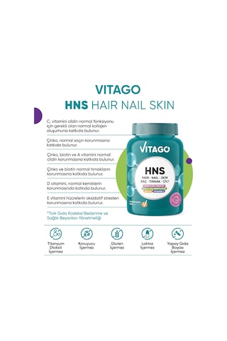 Vitago Hns Hair Nail Skin Biotin, Folik Asit, Vitamin E Ve Hidrolize Keratin İçeren 60 Adet Çiğnenebilir Gummies Form Takviye Edici Gıda