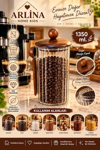 1350 Ml Akasya Kapaklı Kaşıklı Cam Kavanoz Şeffat Cam - Akasya Ahşap Kapak