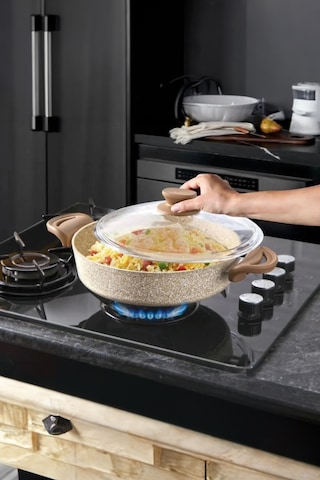 Diez 28 Cm Granit Basık Tencere Cappucıno Yapışmaz Karnıyarık & Pilav Tenceresi Cam Kapaklı