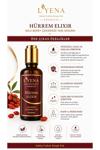 Lyena Premium Hürrem Elixir Goji Berry Yağı Yüz Bakım Serumu 50 Ml Hızlı Emilim Yağlı His Bırakmayan Serum