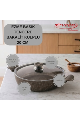 20 Cm Gold Stone Ezme Seri Granit Basık Tencere, Non-stick Pilav Karnıyarık Tencere 1,7 Lt Bakalit Kulplu