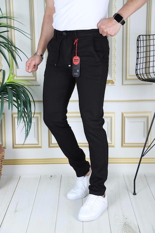 Phantom Jeans Erkek Siyah Slim Fit Esnek Likralı Armürlü Keten Pantolon Bağcıklı Kemerli Beli Lastikli Şık Pantolo Siyah