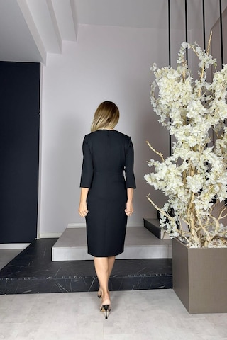 G1158 Yaka Detaylı Kalem Elbise Siyah Siyah