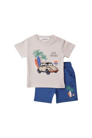Erkek Bebek Pamuklu Araba Baskılı Şortlu Takım-15827 Bej